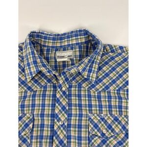 Wrangler Wrancher Mens 2XL Tall Western Shirt Blue Green Plaid Pearl Snap